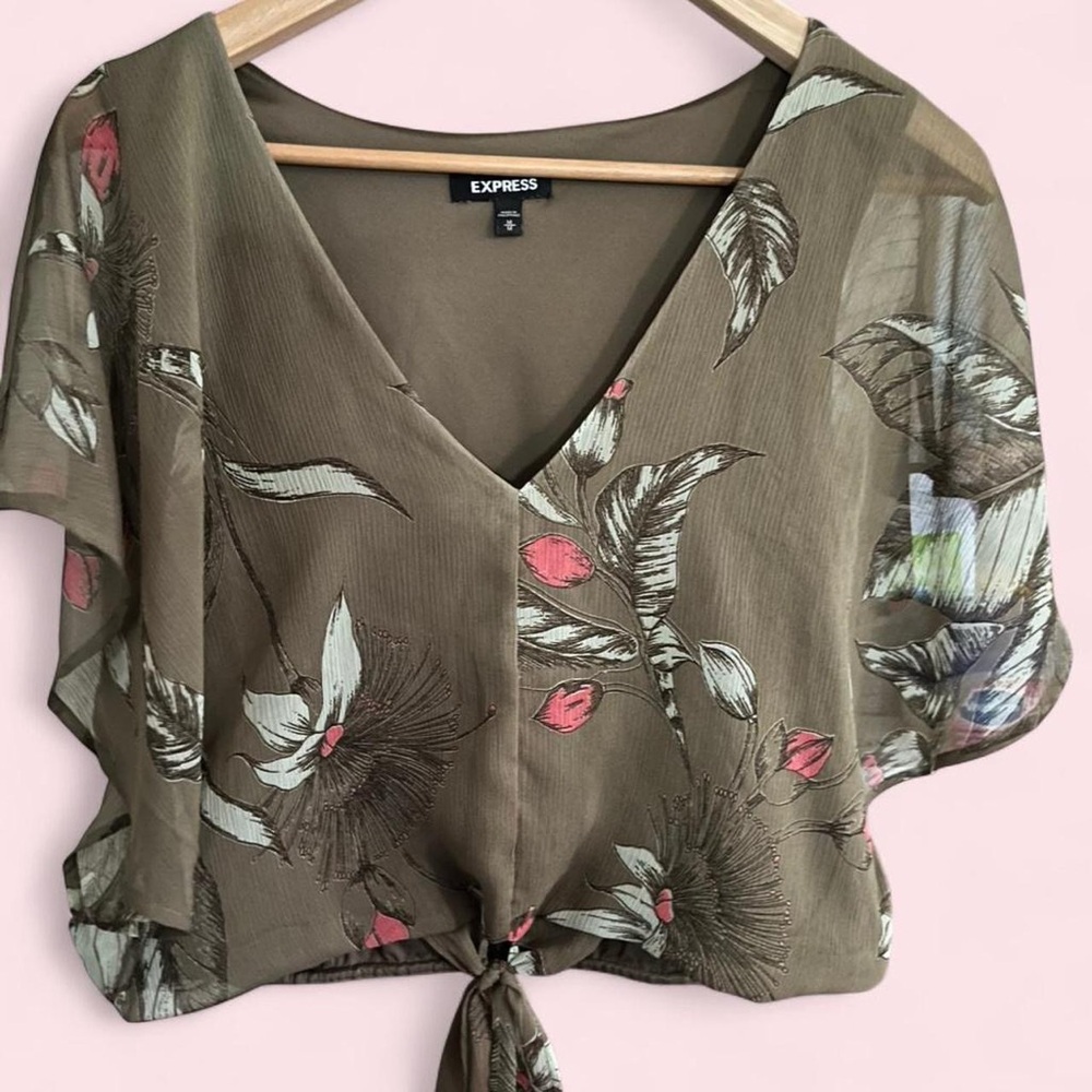 Express Olive Floral Tie-Front Blouse with Red Accents
